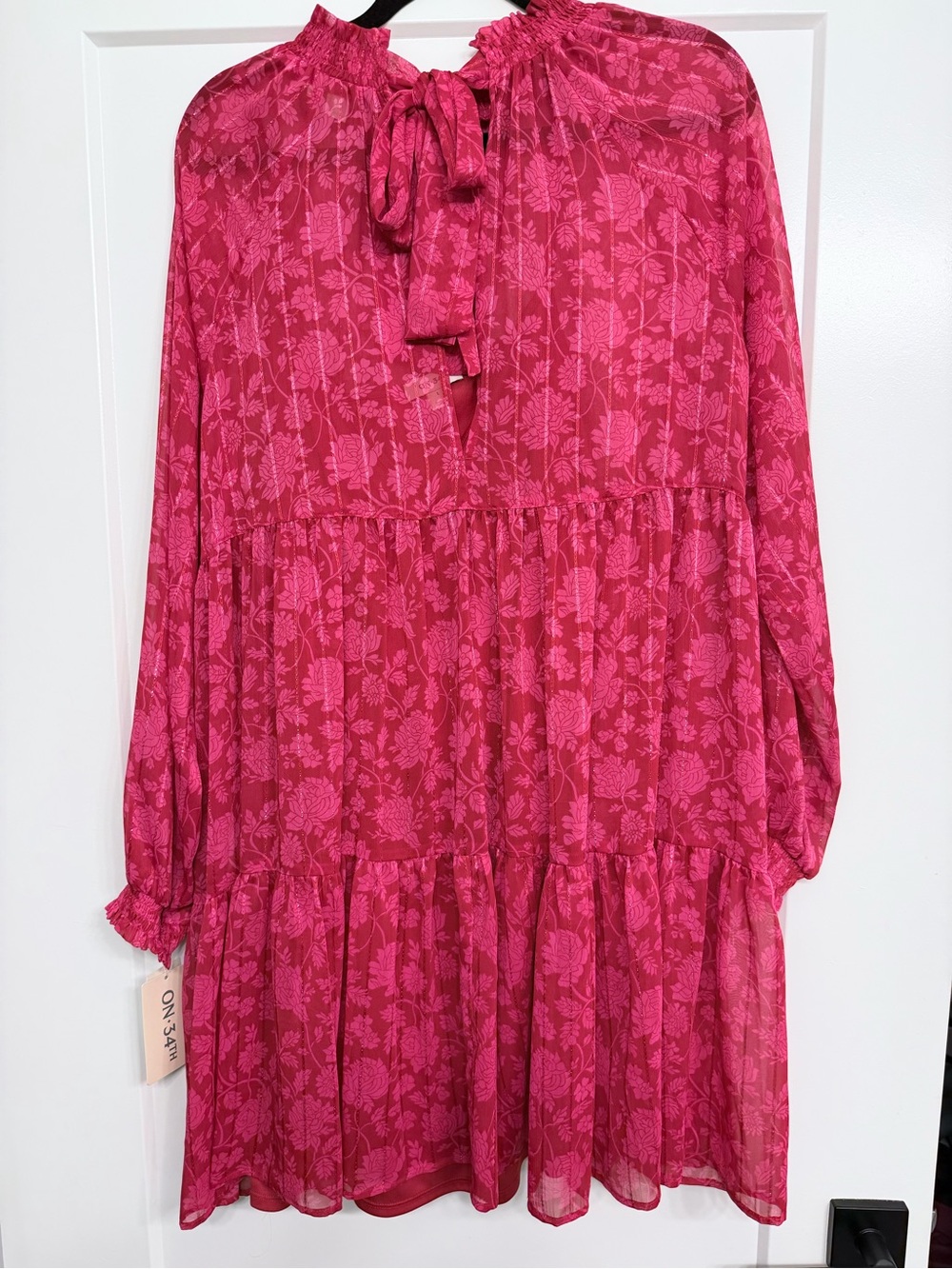 Red/Pink Flowy Floral Tie-Neck Tiered Dress